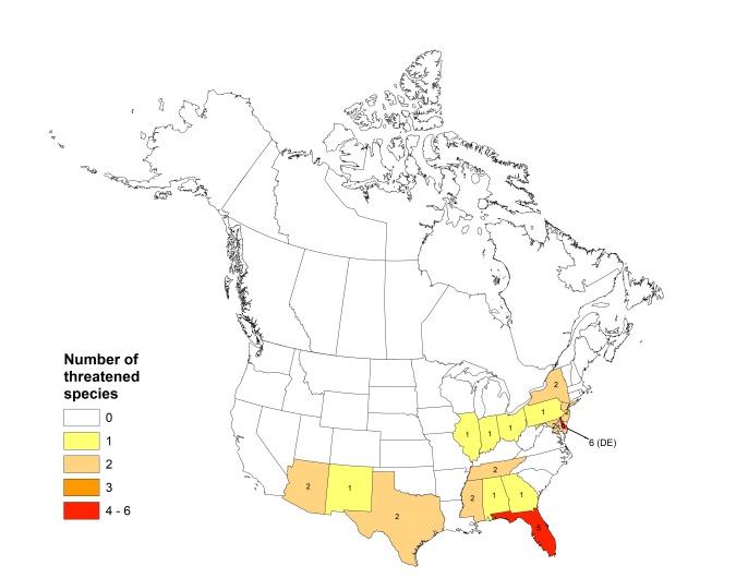 Map of threatened species, showing a cluster in the southeast. 