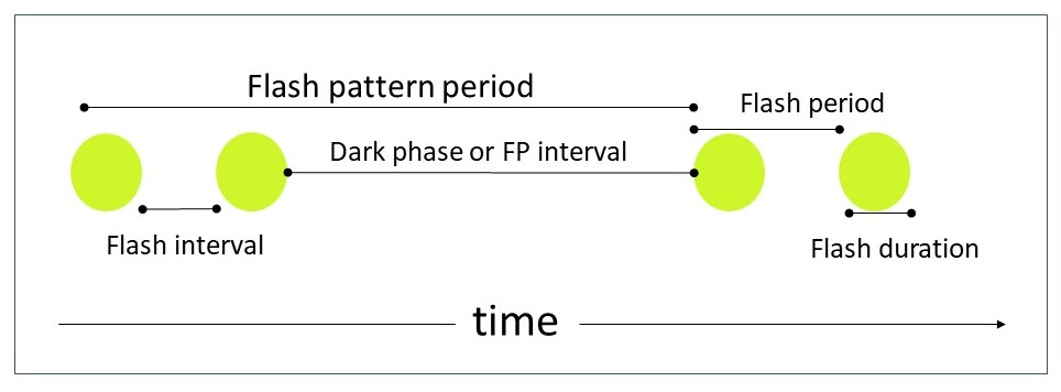 A diagram of a firefly flash pattern, showing two pairs of circles representing flashes. Horizontal lines illustrate flash pattern period, flash period, flash interval, dark phase or flash pattern interval, and flash duration.