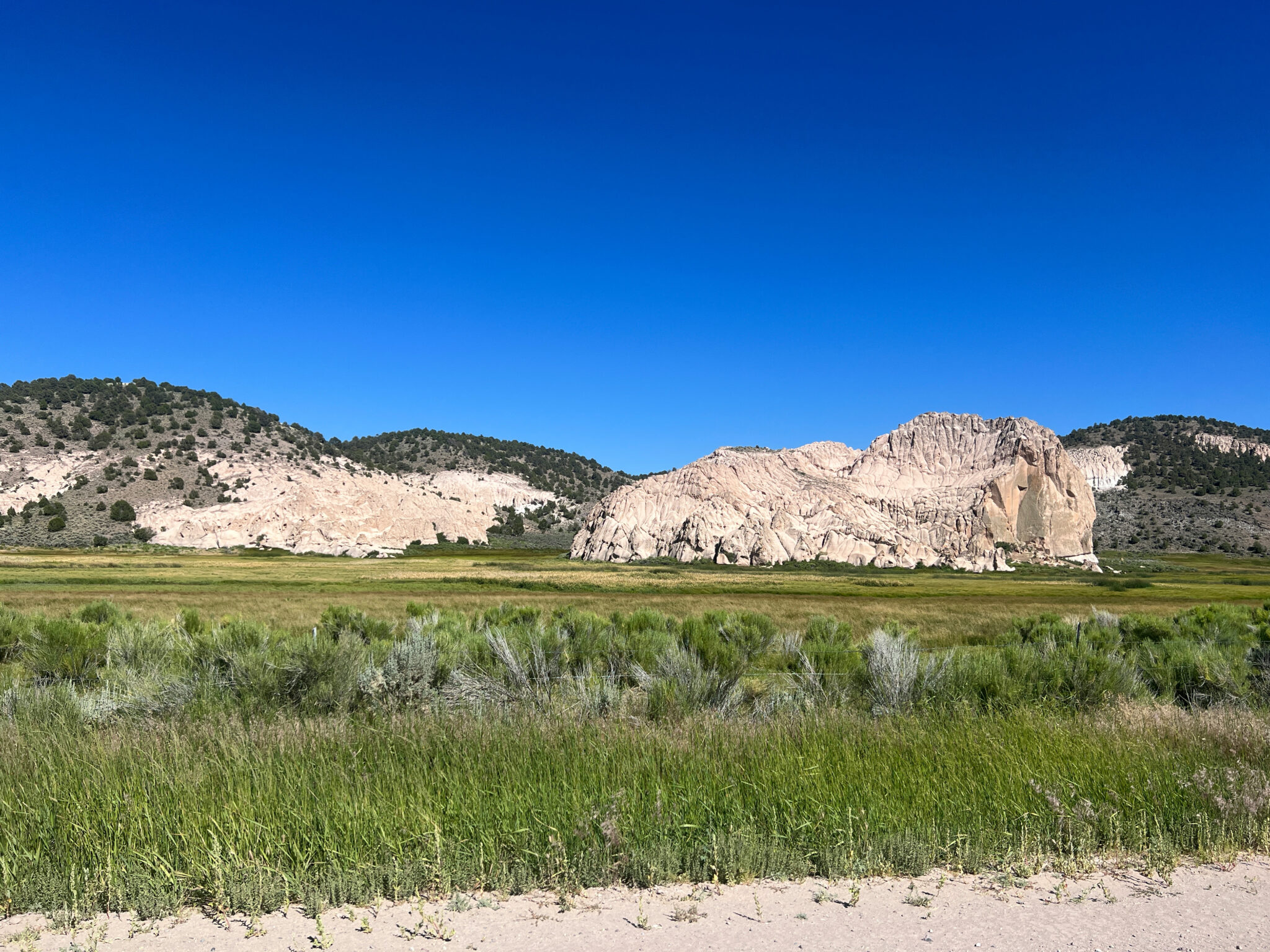 A green meadow with dry rocky bluffs and blue sky in the background.